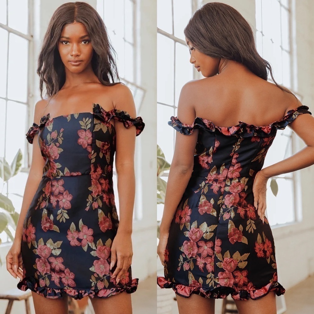 NWT Lulu’s Pop the Bottle Navy Blue Floral Jacquard Ruffled Mini Dress